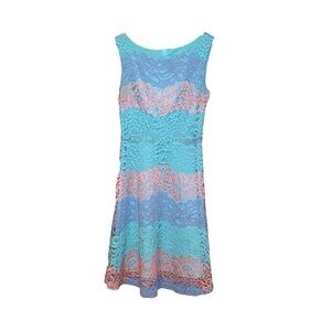 Yumi Striped Dress Blue Pink Lavender Lace Overlay Size Small Sleeveless